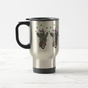 Funny cute rhino juggling on unicycle travel mug