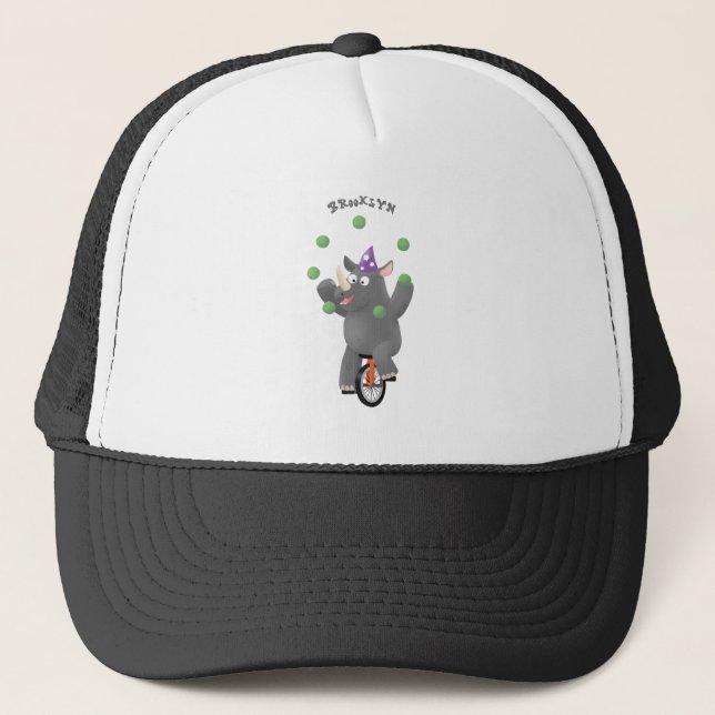 Funny cute rhino juggling on unicycle trucker hat (Front)
