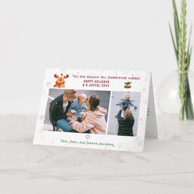 Funny Cute Rudolph 2 Photos Minimalist Modern Holiday Card (Front)