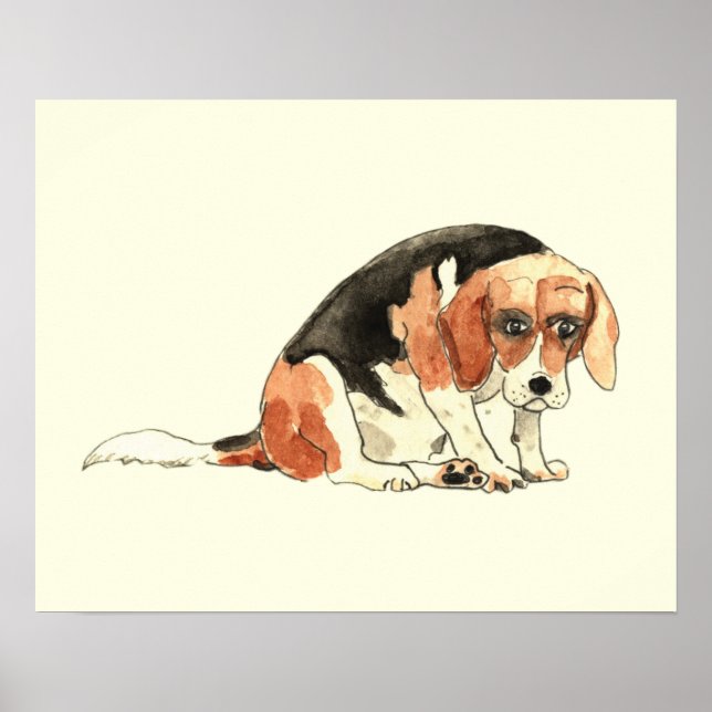 Funny Cute Sad Beagle Dog Watercolour Painting Poster (Front)
