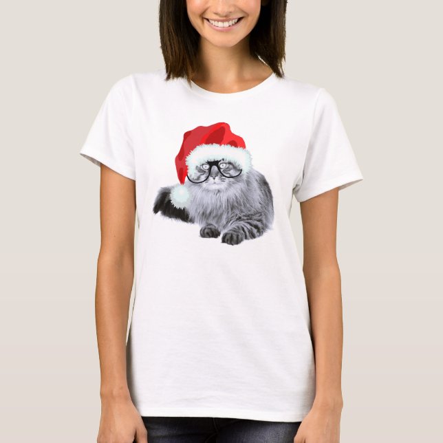 Funny Cute Santa Cat in Glasses Christmas T-Shirt (Front)