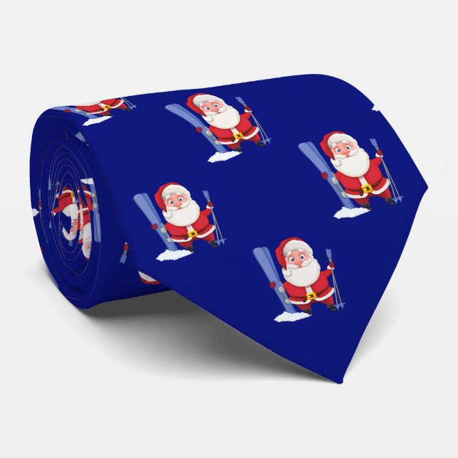Funny Cute Skiing Santa Christmas Blue Tie (Rolled)