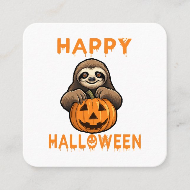 Funny Cute Sloth Holding Pumpkin Square Business Card (Front)