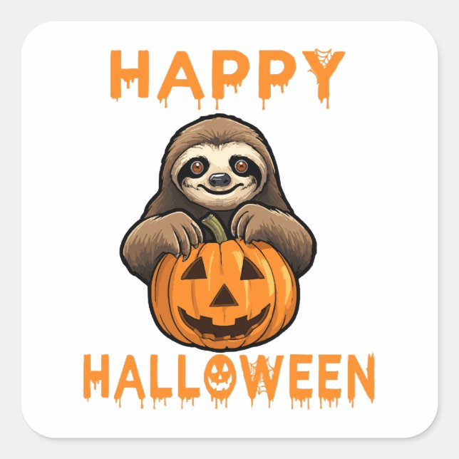 Funny Cute Sloth Holding Pumpkin Square Sticker (Front)