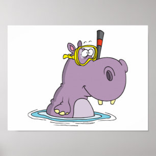 funny cute snorkelling swimming hippo poster
