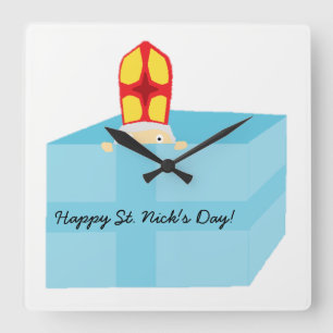 Funny Cute St. Nicholas Dutch Sinterklaas Kids Art Square Wall Clock