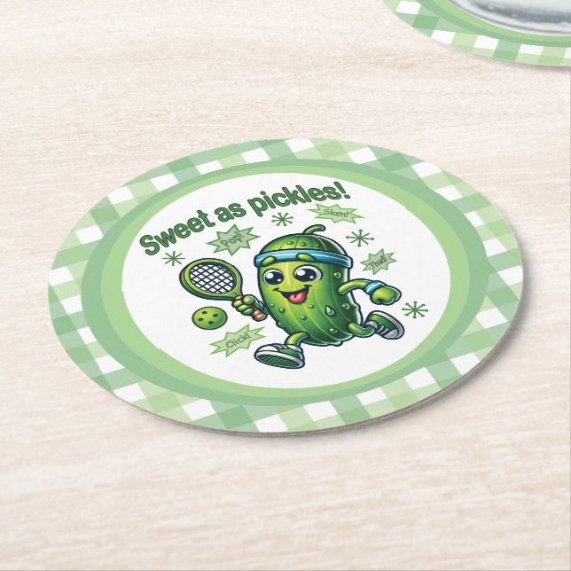 Funny Cute Sweet as Pickles Pickleball Round Paper Coaster (Angled)
