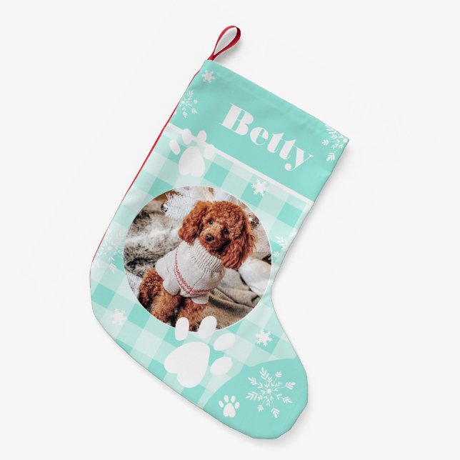 Funny cute teal flannel dog pet photo Christmas Small Christmas Stocking (Front (Hanging))