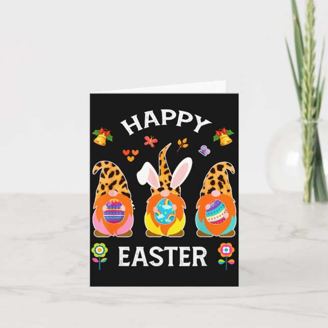Funny cute three gnomes bunny holding egg happy card (Front)