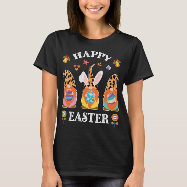 Funny Cute Three Gnomes Bunny Holding Egg Happy Ea T-Shirt (Front)