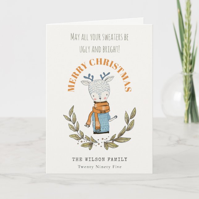 Funny Cute Ugly Sweater Leafy Reindeer Christmas Holiday Card (Front)