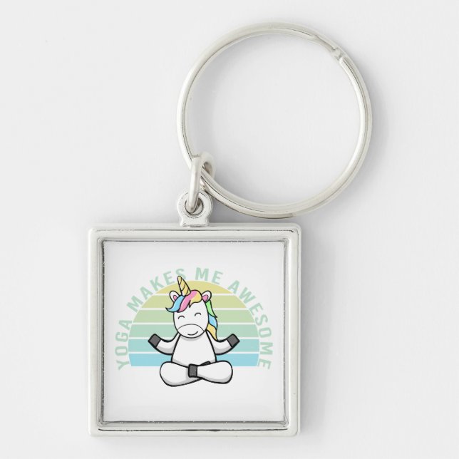 Funny cute unicorn doing yoga. funny yoga poses key ring (Front)