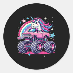 Funny Cute Unicorn Riding A Pink Monster Truck Gir Classic Round Sticker