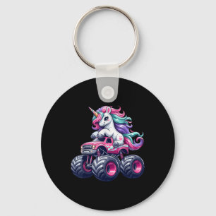 Funny Cute Unicorn Riding A Pink Monster Truck Gir Key Ring