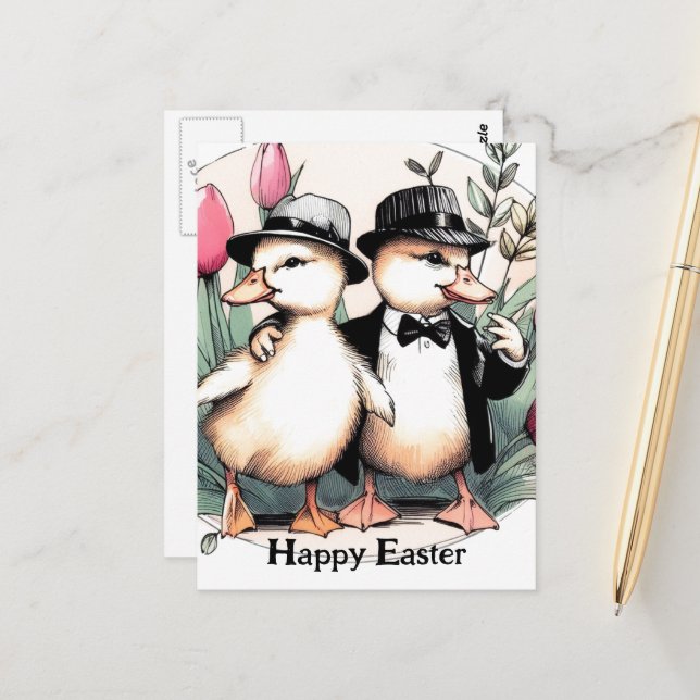 Funny Cute Vintage Easter Ducklings in Suits Postcard (Front/Back In Situ)