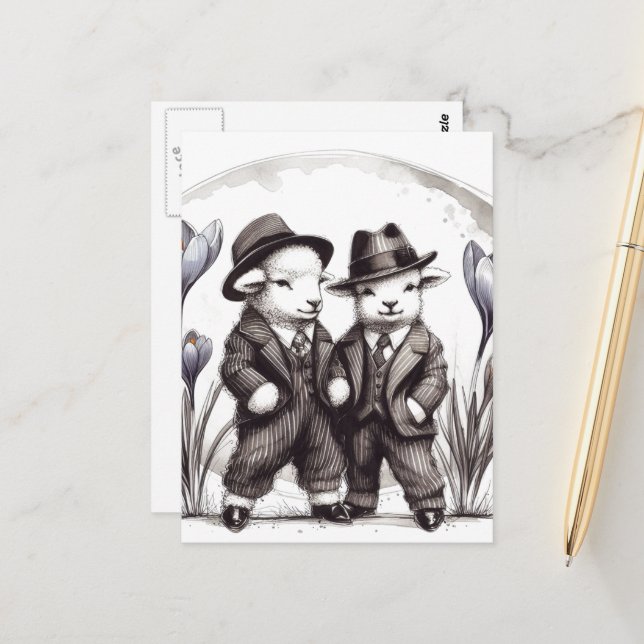 Funny Cute Vintage Easter Lambs in Suits Postcard (Front/Back In Situ)
