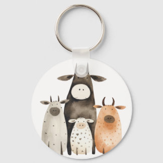 Funny cute watercolor cows familly humour farm key ring