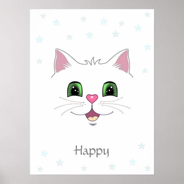 Funny cute white cat face and stars poster (Front)
