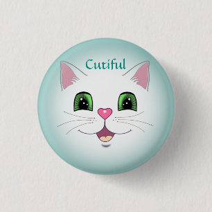 Funny cute white kitty cat face 3 cm round badge