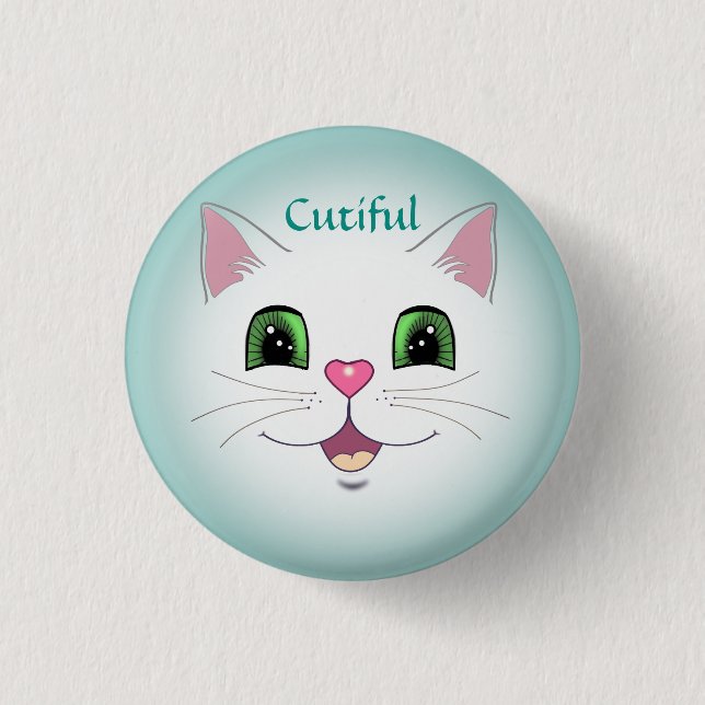 Funny cute white kitty cat face 3 cm round badge (Front)