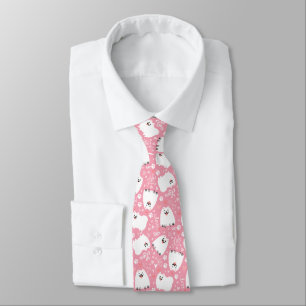 Funny Cute White Pomeranians and Hearts Pattern Tie