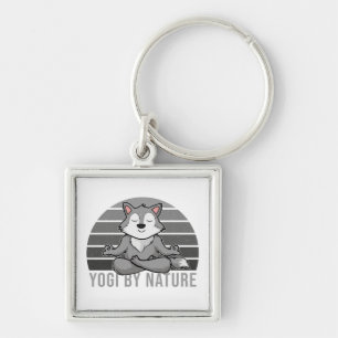 Funny cute wolf doing yoga. funny yoga poses key ring