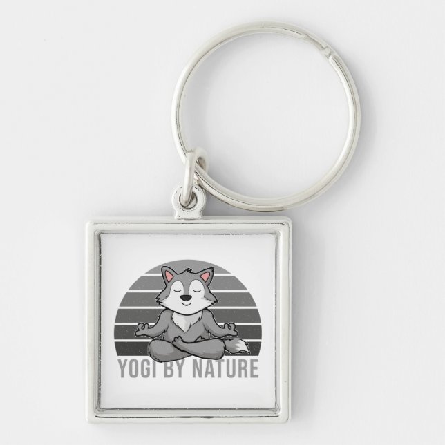 Funny cute wolf doing yoga. funny yoga poses key ring (Front)