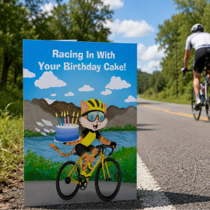 Funny Cycling Cat Birthday Bicycle Cake Delivery  Card