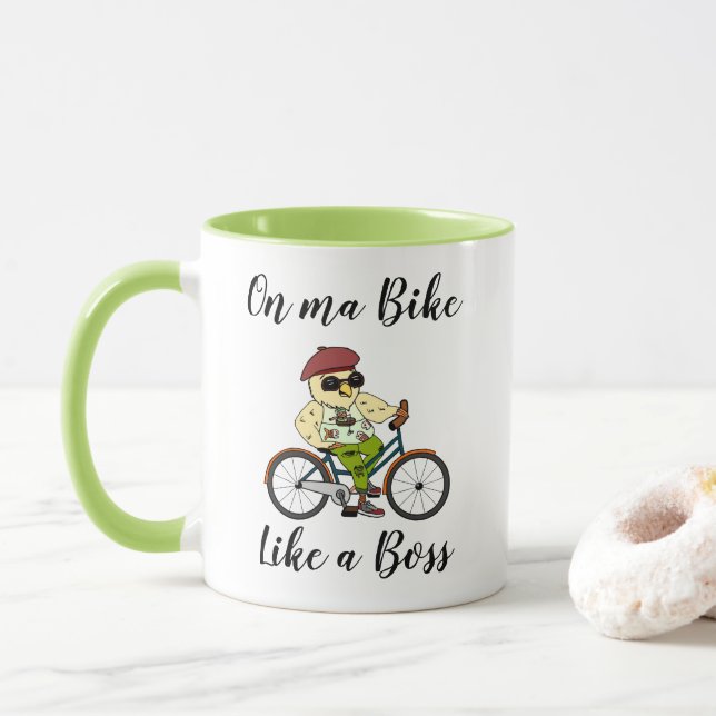 Funny Cycling Mug with a Stylish Biker Bird (With Donut)