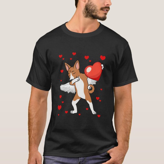 Funny Dabbing Basenji Dog Heart Valentine's Day Gi T-Shirt (Front)