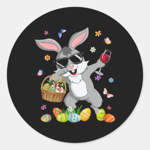 Funny Dabbing Bunny And Wine Gl With Egg Bysket Ea Classic Round Sticker