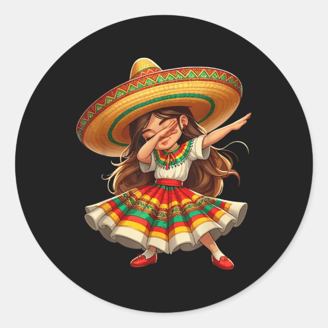Funny Dabbing Mexican Sombrero Cinco De Mayo Girl  Classic Round Sticker (Front)