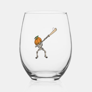 Funny Dabbing Pumpkin Head Baseball Gift Idea Stemless Wine Glass