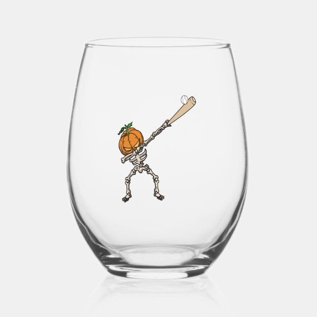 Funny Dabbing Pumpkin Head Baseball Gift Idea Stemless Wine Glass (Front)
