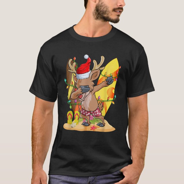 Funny Dabbing Reindeer Hawaii Summer Merry Christm T-Shirt (Front)
