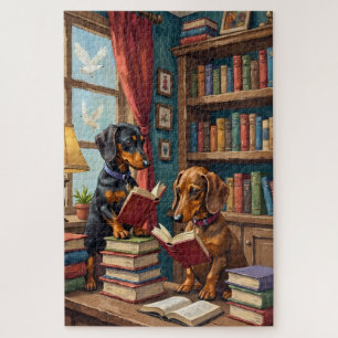 Funny Dachshund Bookstore Reading Dog Lover Art Jigsaw Puzzle