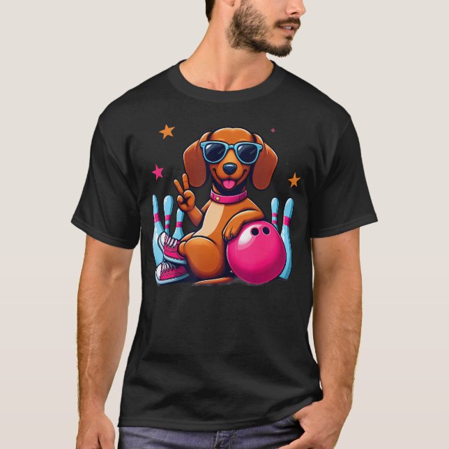 Funny Dachshund Bowling Funny Dog Playing T-Shirt (Front)