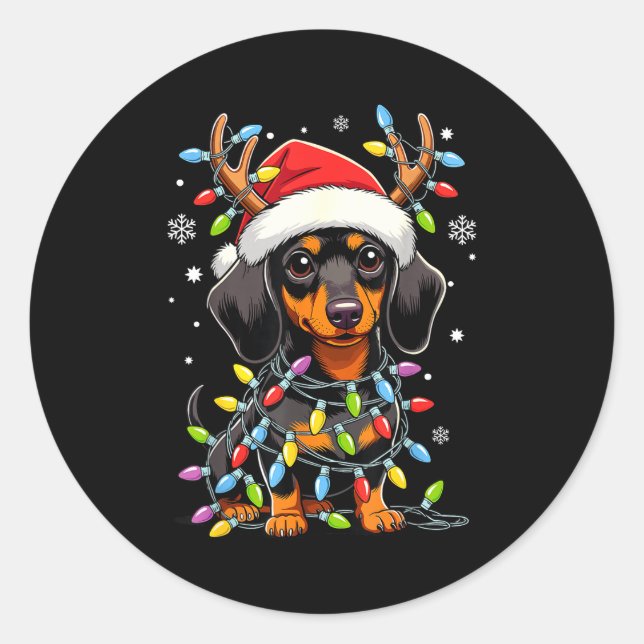 Funny Dachshund Christmas Lights Santa Hat Xmas  Classic Round Sticker (Front)