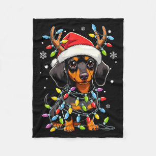 Funny Dachshund Christmas Lights Santa Hat Xmas  Fleece Blanket