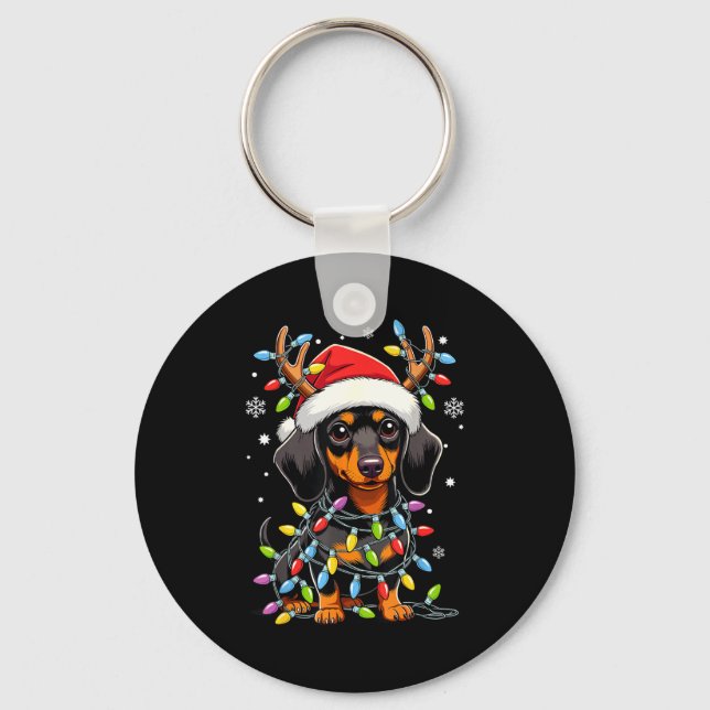 Funny Dachshund Christmas Lights Santa Hat Xmas  Key Ring (Front)