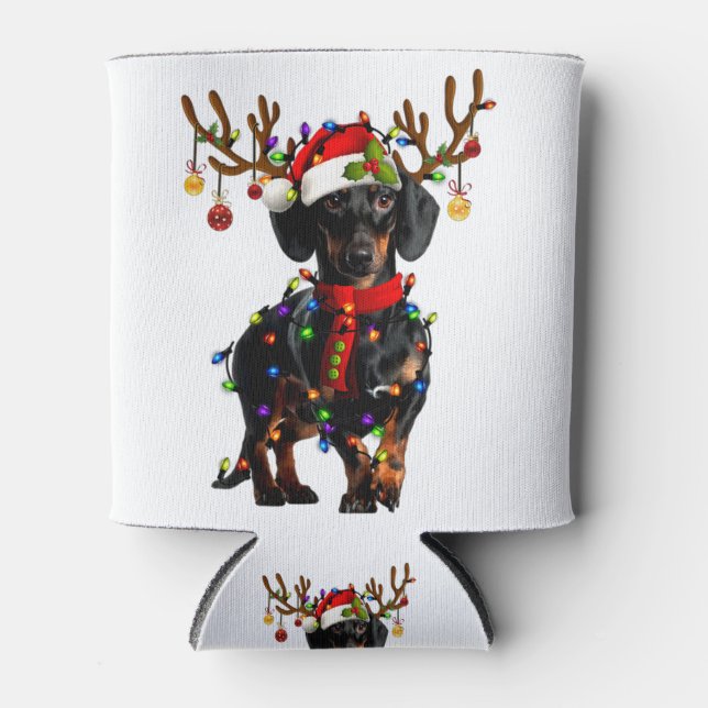 Funny Dachshund Christmas Reindeer Christmas Light Can Cooler (Front)