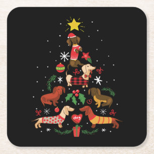 Funny Dachshund Christmas Tree Square Paper Coaster