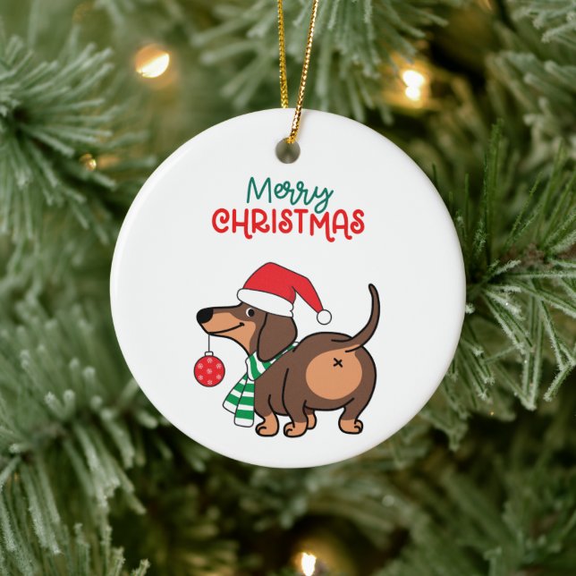 Funny Dachshund Dog Cute Merry Christmas  Ceramic Tree Decoration (Tree)
