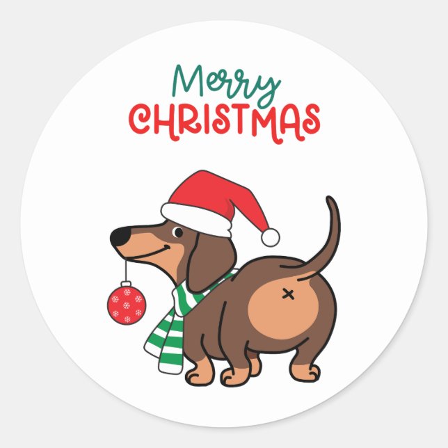 Funny Dachshund Dog Cute Merry Christmas  Classic Round Sticker (Front)