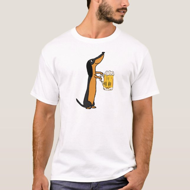 Funny Dachshund Dog Drinking Beer Cartoon T-Shirt (Front)