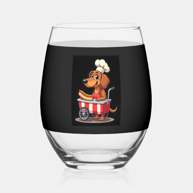 Funny Dachshund Dog Hotdog Sandwich Weenie Sausage Stemless Wine Glass (Front)