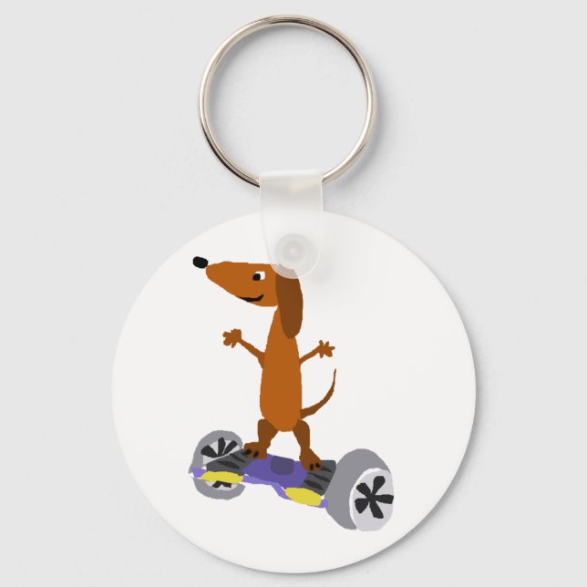 Funny Dachshund Dog on Hoverboard Key Ring (Front)