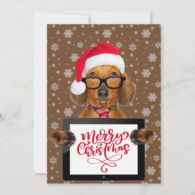 Funny Dachshund Dog Pet Glasses Tablet Merry Xmas Holiday Card (Front)