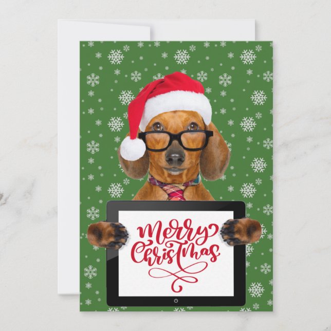 Funny Dachshund Dog Pet Glasses Tablet Merry Xmas  Holiday Card (Front)