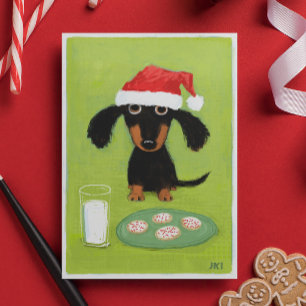 Funny Dachshund Dog Santa with Milk and Cookies Holiday Card